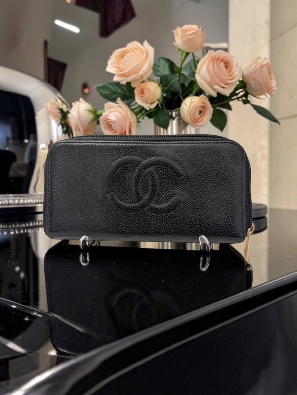 Chanel Black Caviar Leather Long Zipper Wallet